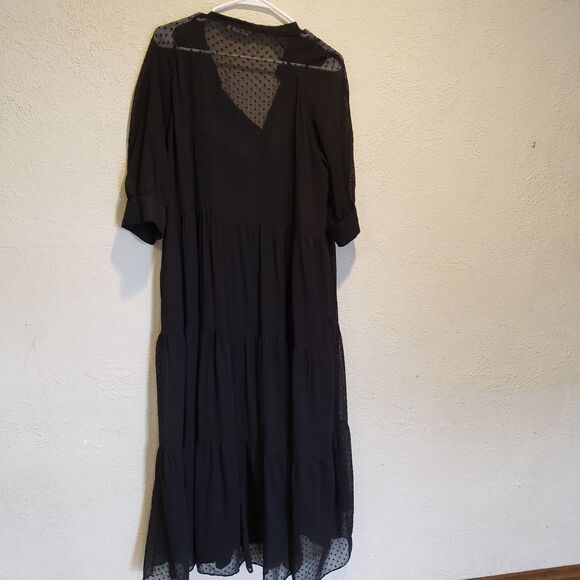 Zara Swiss Dot Long Sleeve Tiered Smocked Maxi Dress Black X Large - Picture 7 of 8